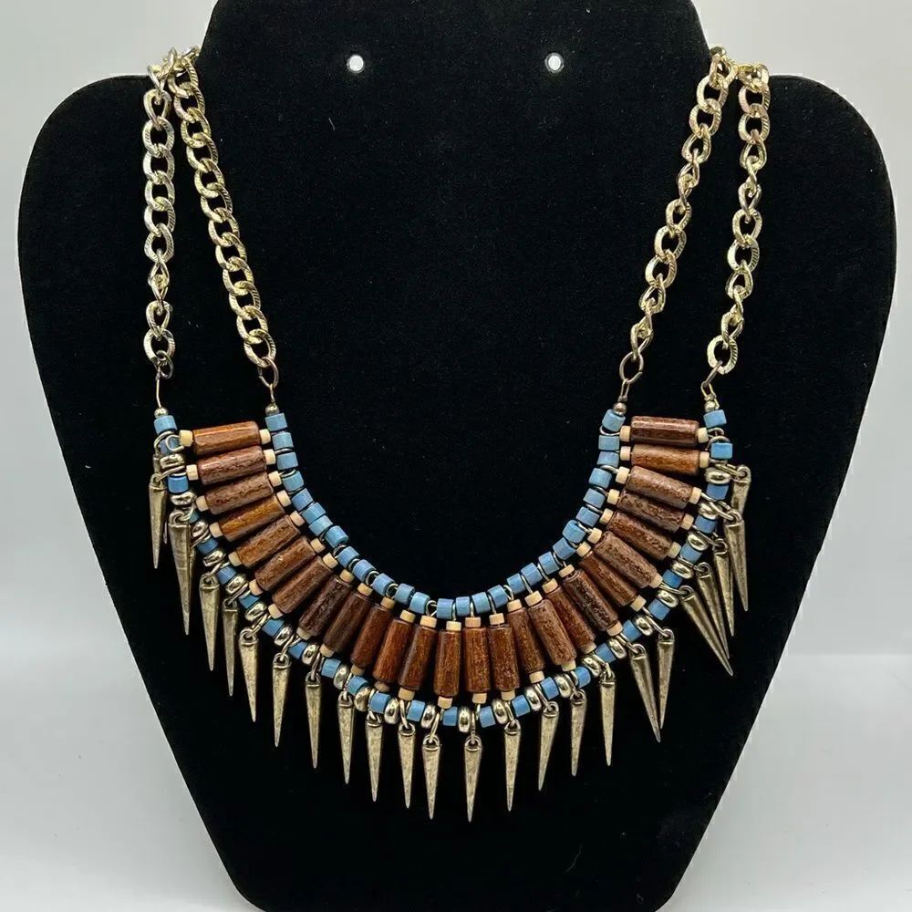 *3/$20* Brass tone and wooden bead tribal boho necklace